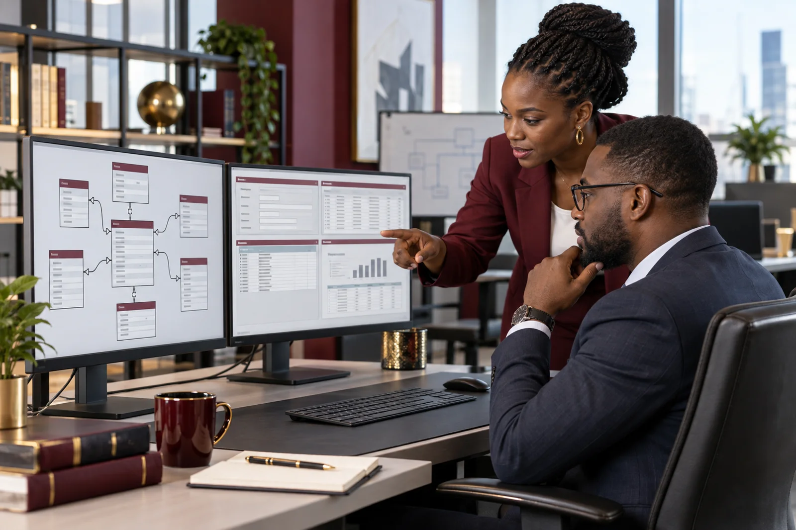 Business intelligence professionals design and review a relational database.