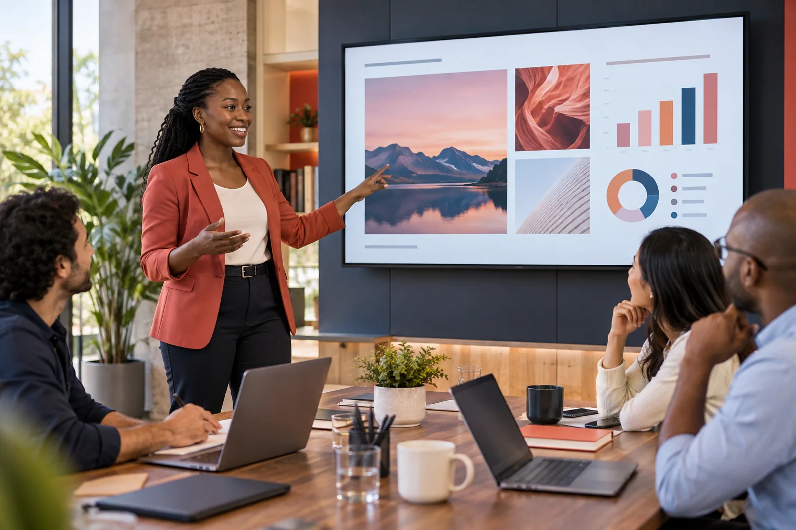A presenter rehearses a polished visual presentation with colleagues.