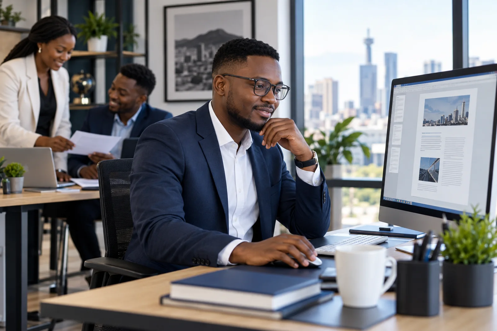 A professional creates and reviews a polished business document with colleagues.