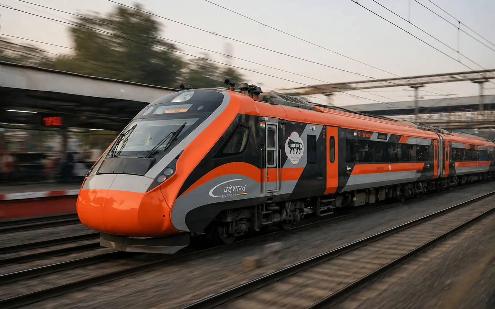A modern high-speed passenger train racing along the tracks.