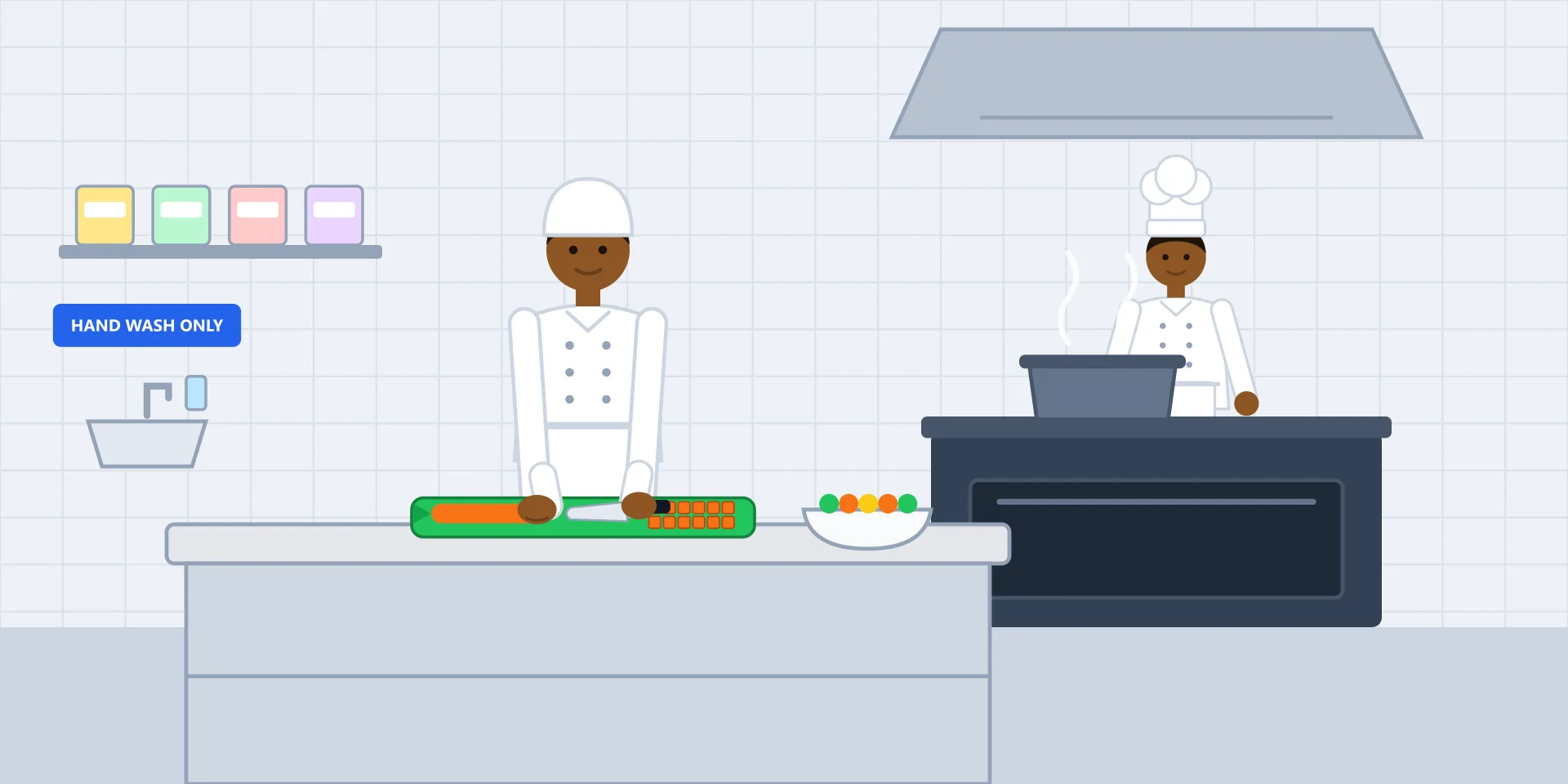 An illustration of a kitchen hand in chef's whites dicing vegetables on a green chopping board at a clean steel station, with a chef checking a pot on the stove behind him.