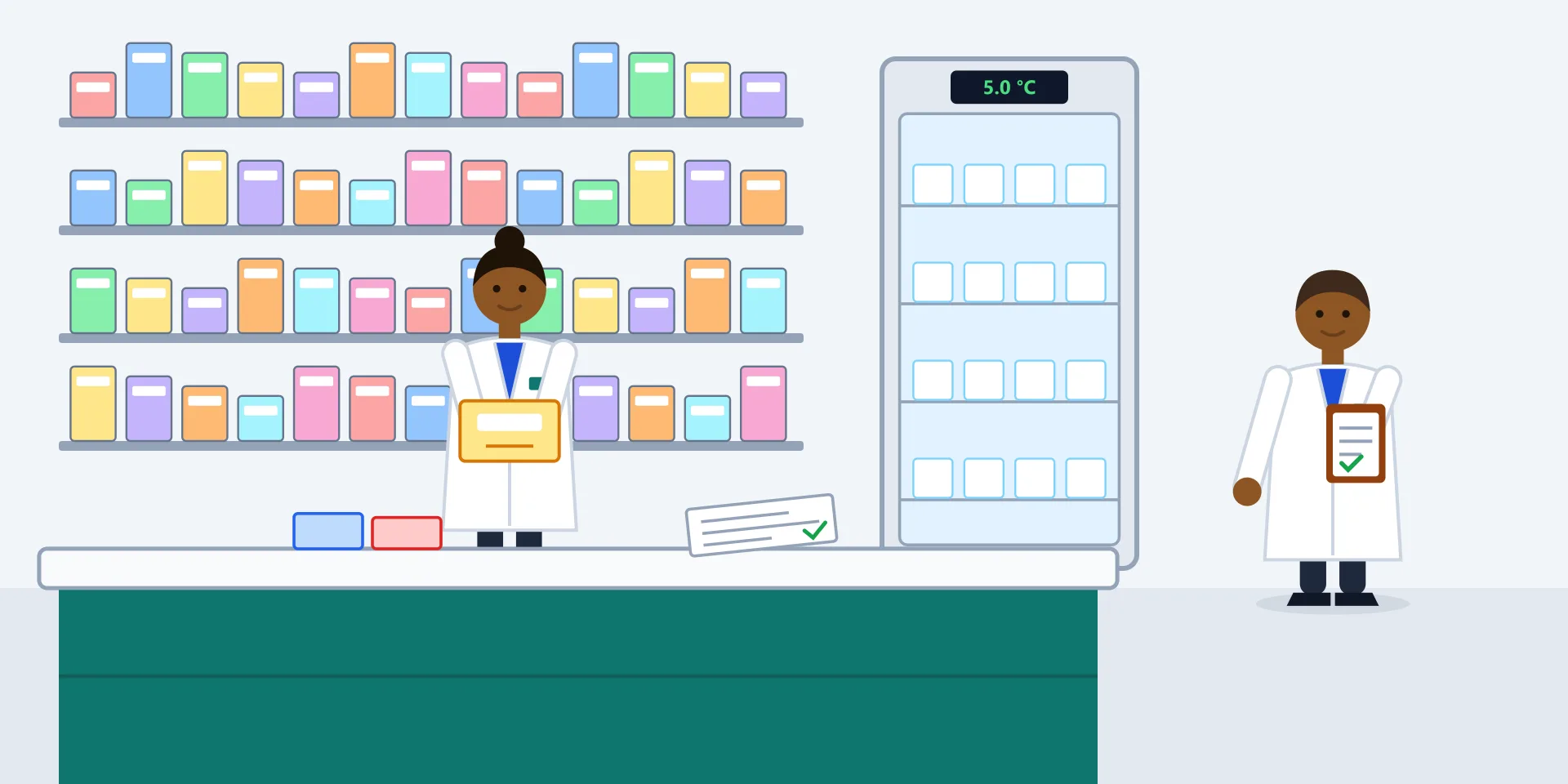 An illustration of a pharmacist's assistant in a white coat checking a box of medicine against a delivery invoice at a pharmacy counter, with labelled shelves and a medicine fridge behind her and a pharmacist checking her work.