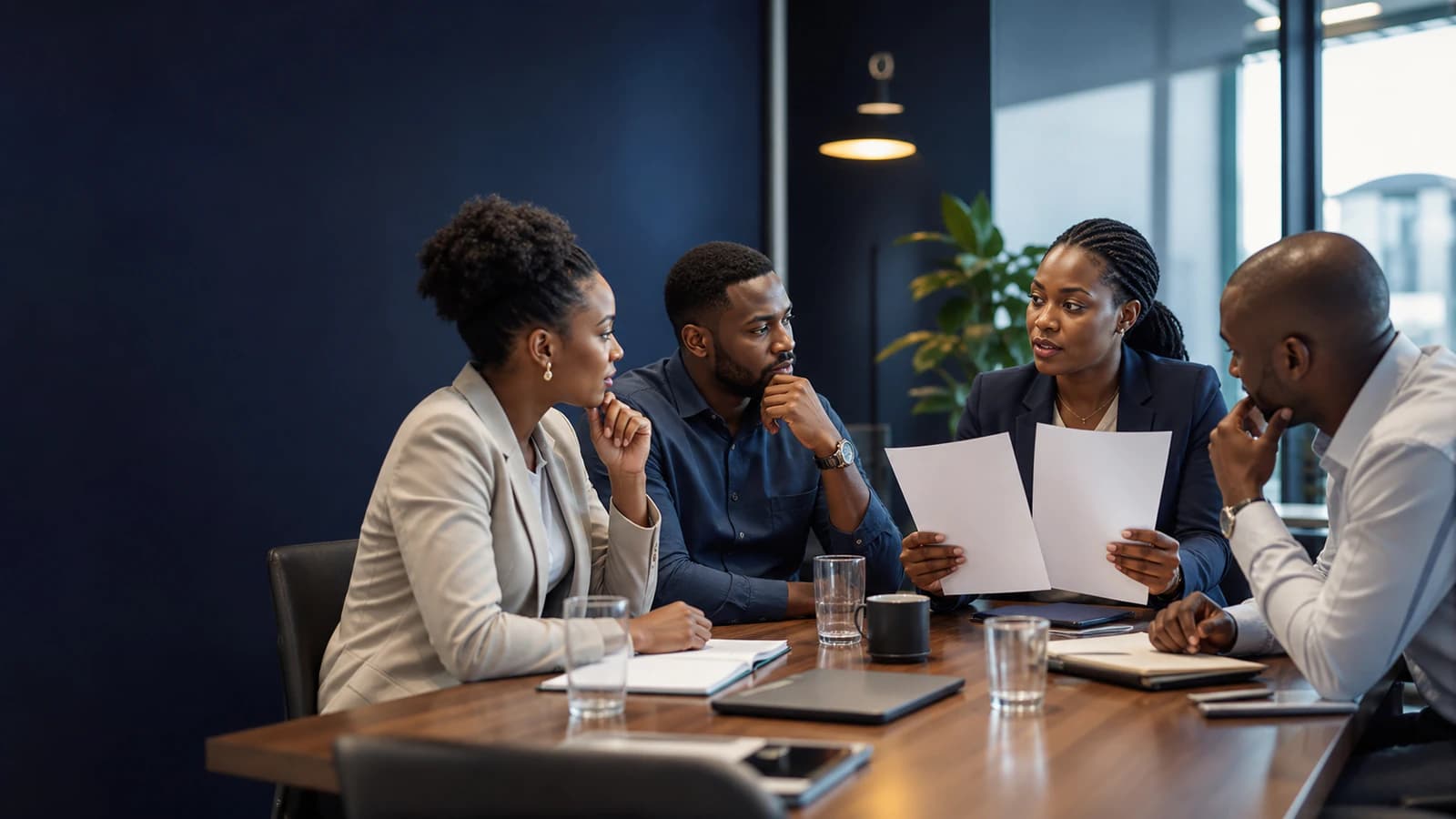 Diverse professionals discussing an ethical workplace decision together.
