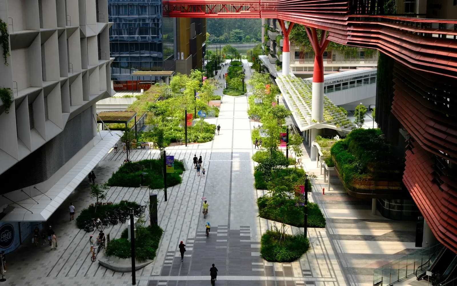 A green, walkable urban street lined with modern buildings.