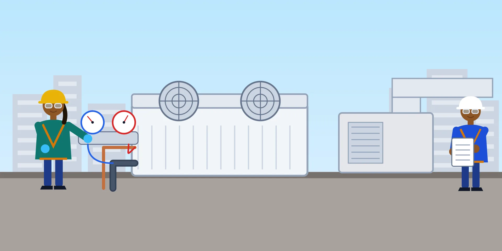 An illustration of an apprentice refrigeration mechanic reading manifold gauges on a commercial condensing unit in a rooftop plant area, with insulated pipes, ducting and an air handler behind her, while her mentor checks the commissioning sheet.