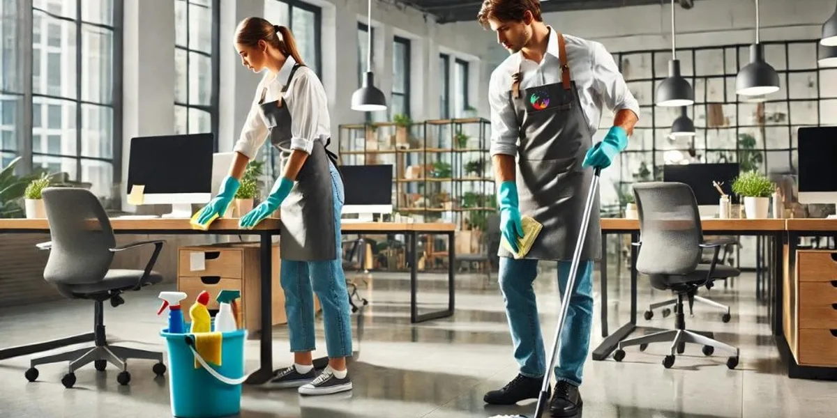 Two commercial cleaners in aprons and gloves in an open-plan office, one wiping a desk and one mopping the floor, with a bucket of cleaning products.