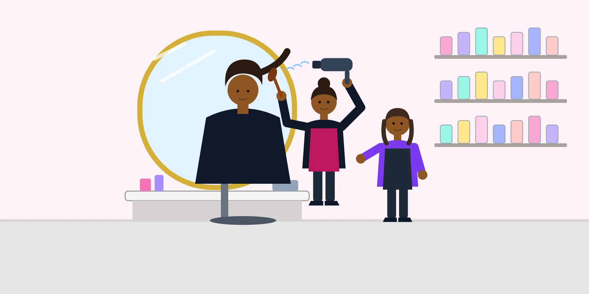 An illustration of a learner hairdresser blow-drying a client's hair in a bright salon, with a styling station, mirror and products, while her mentor watches and gives guidance.
