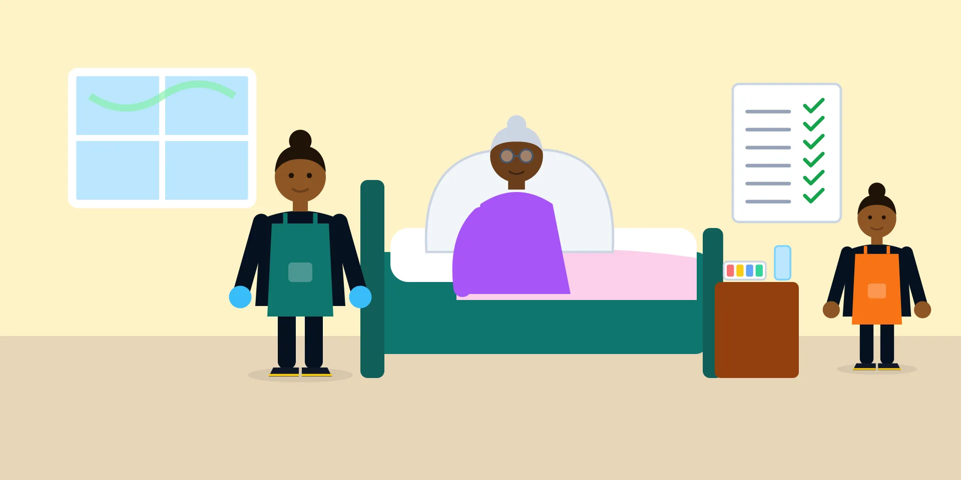 An illustration of a home based care assistant in a uniform and gloves at the bedside of an elderly woman at home, with a turning chart on the wall, medicine on the bedside table and a family member nearby.