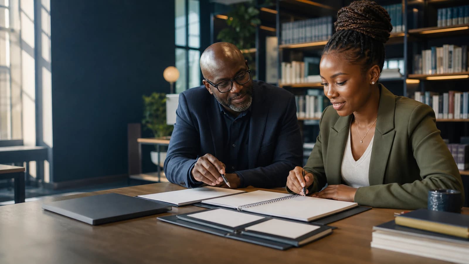 A professional and mentor review a career-development plan together.