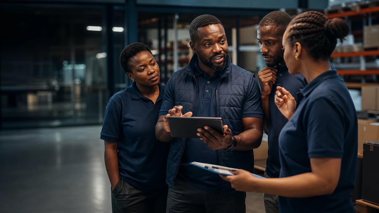 A team leader supports colleagues as they adopt a new workplace process.