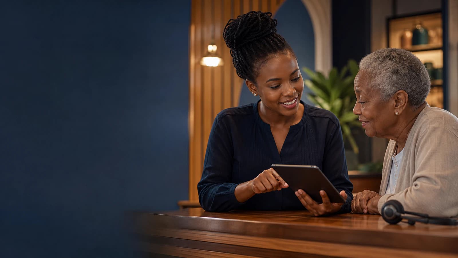 A customer-service professional listens and helps a customer resolve an issue.