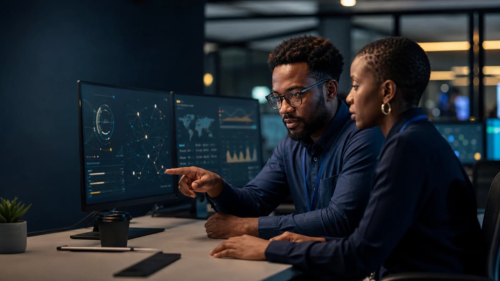 A cybersecurity specialist helps a colleague investigate a digital threat.