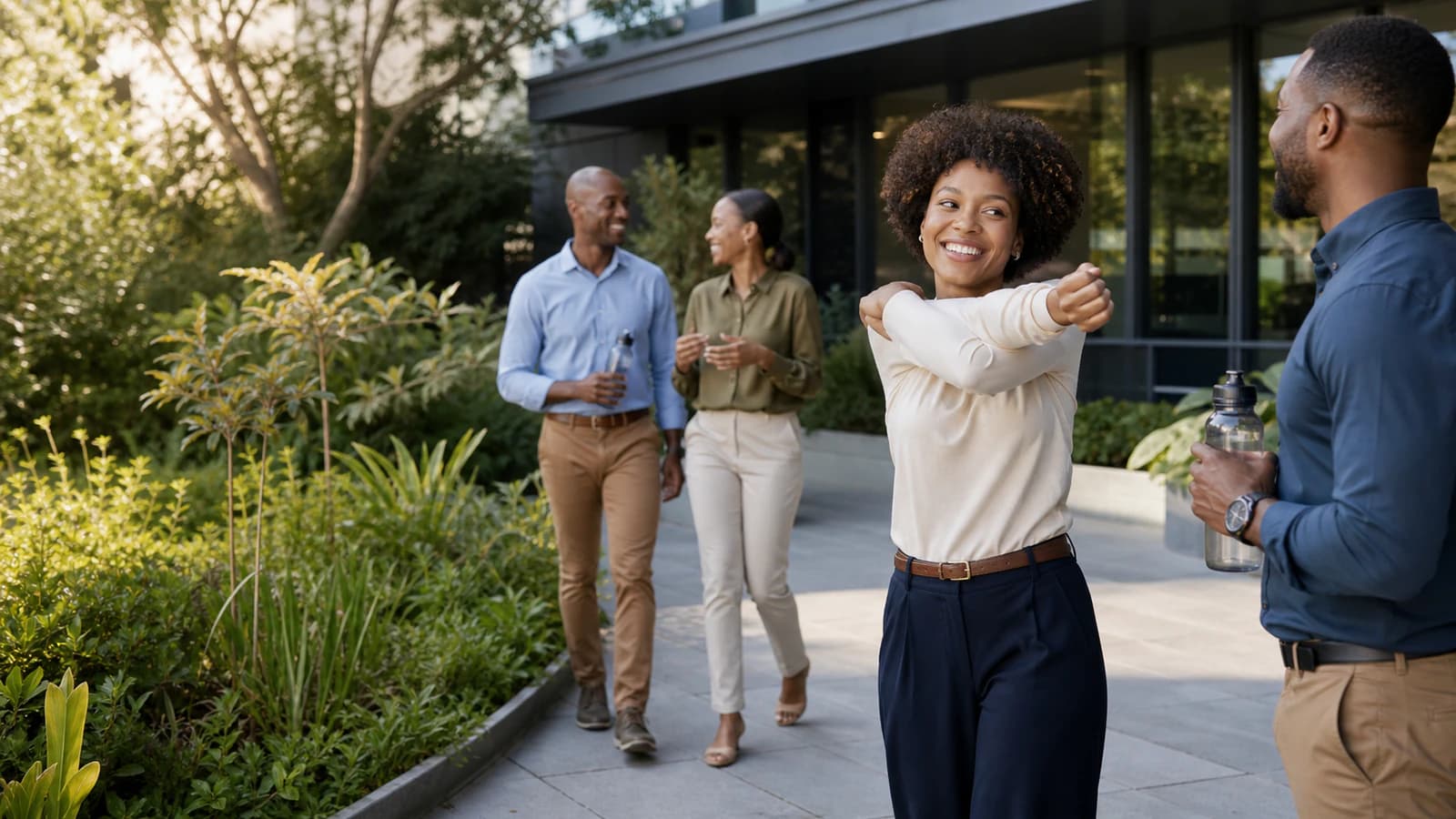 Colleagues take a healthy movement and wellbeing break together.
