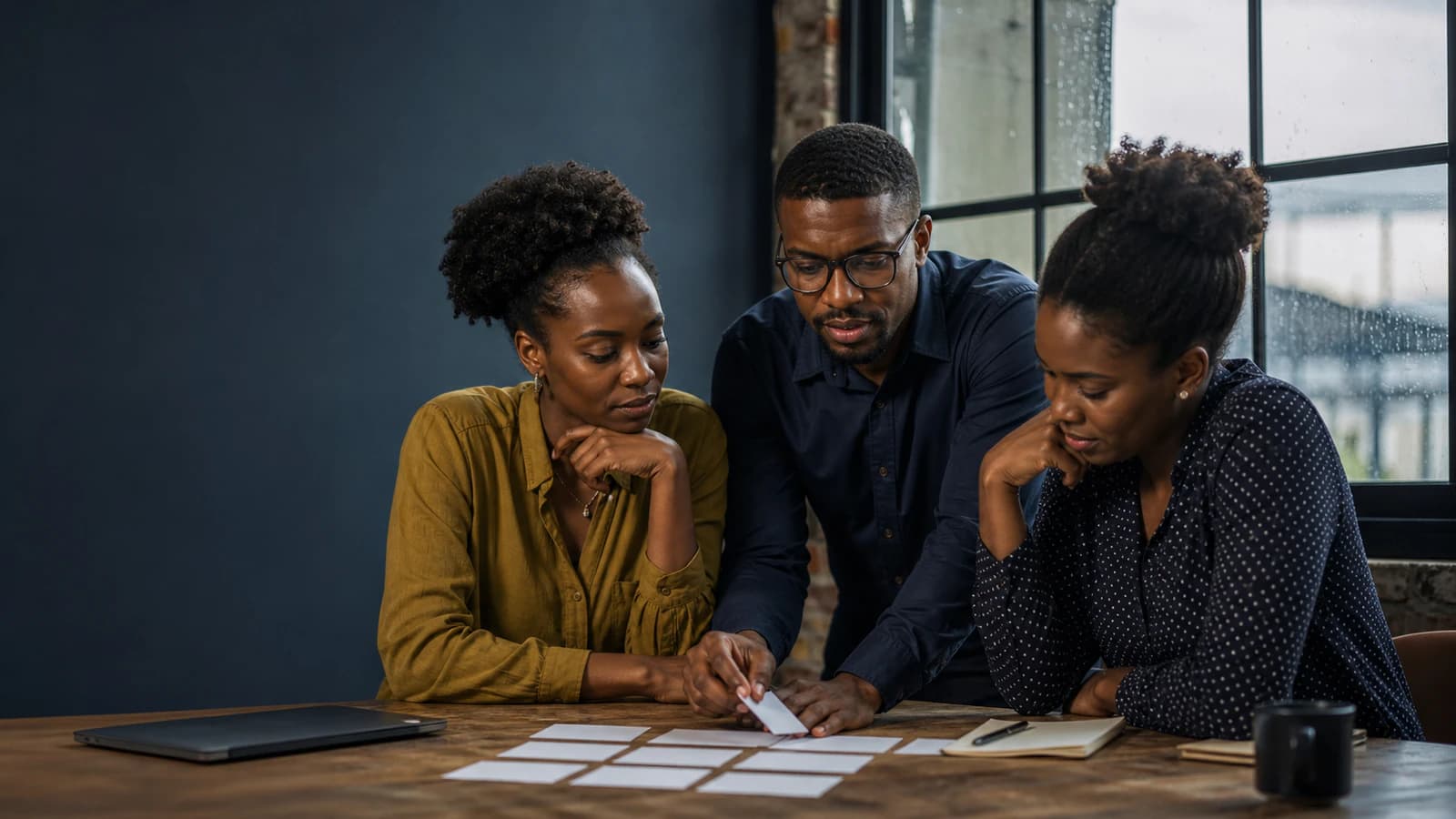 Colleagues regroup and create a new plan after a workplace setback.