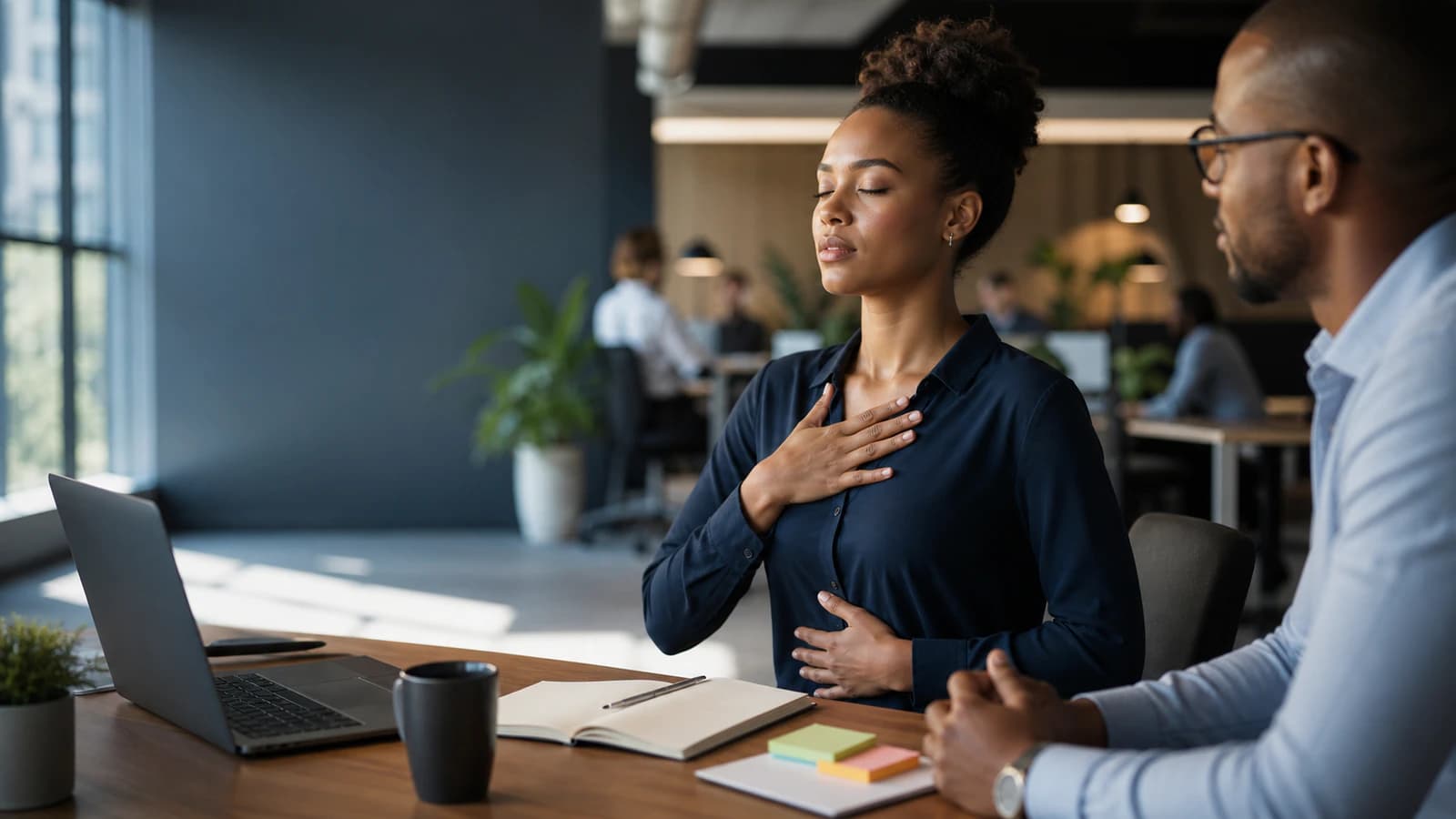 A professional pauses for a calming breath during a demanding workday.