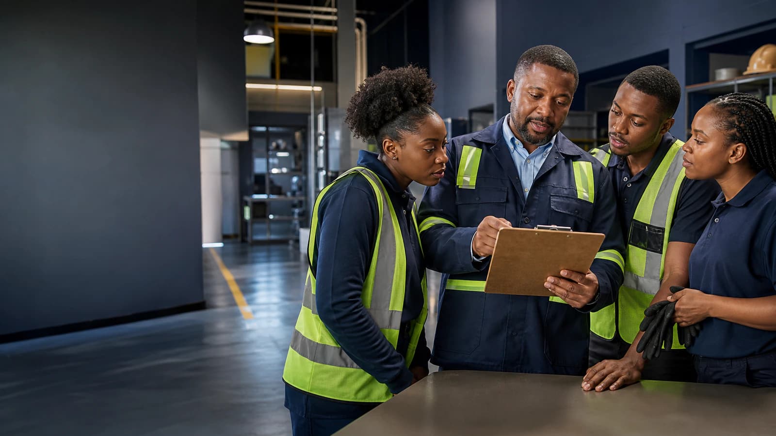 A compliance professional guides colleagues through a workplace safety check.