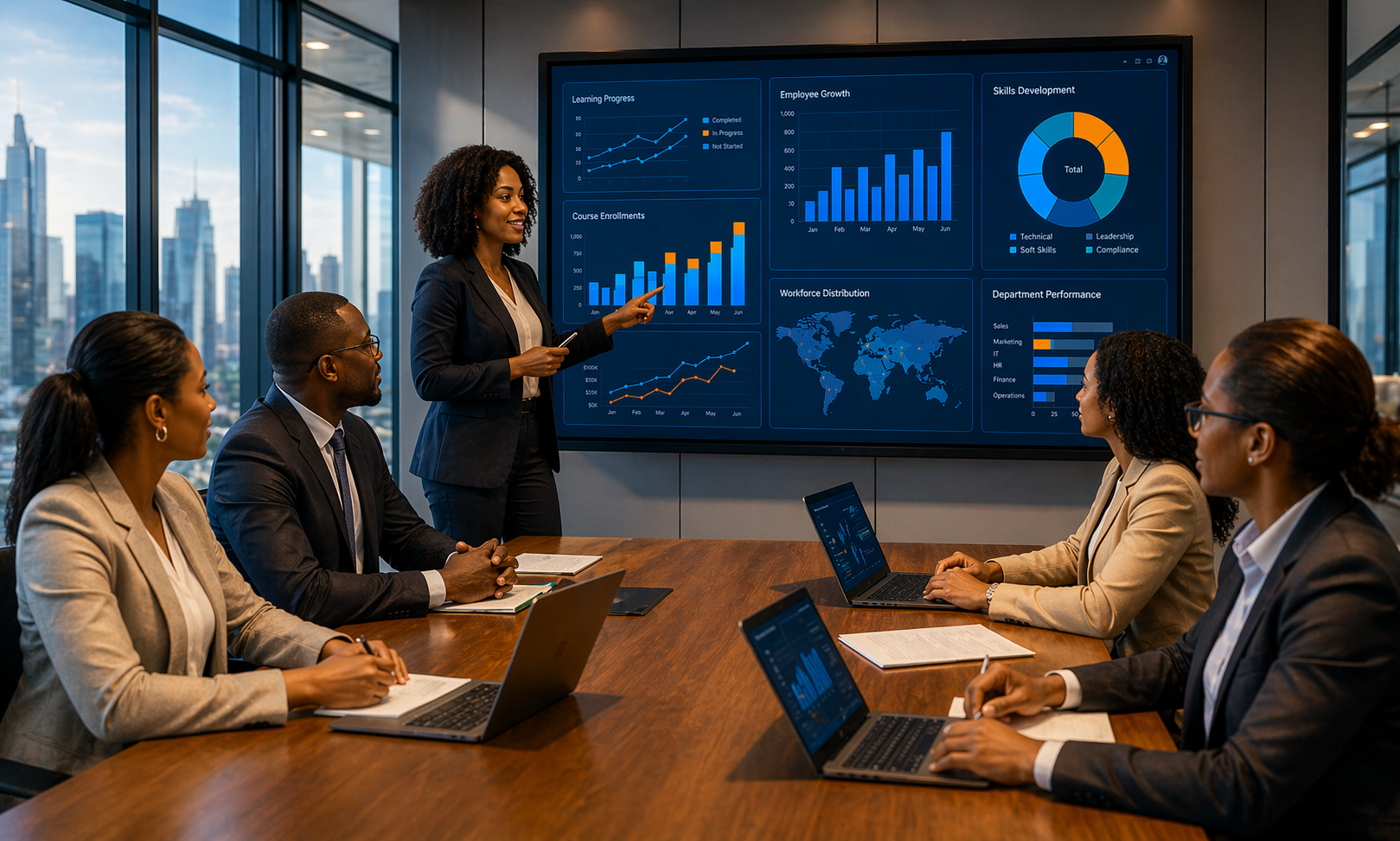 Modern corporate team using a workplace training dashboard for skills development