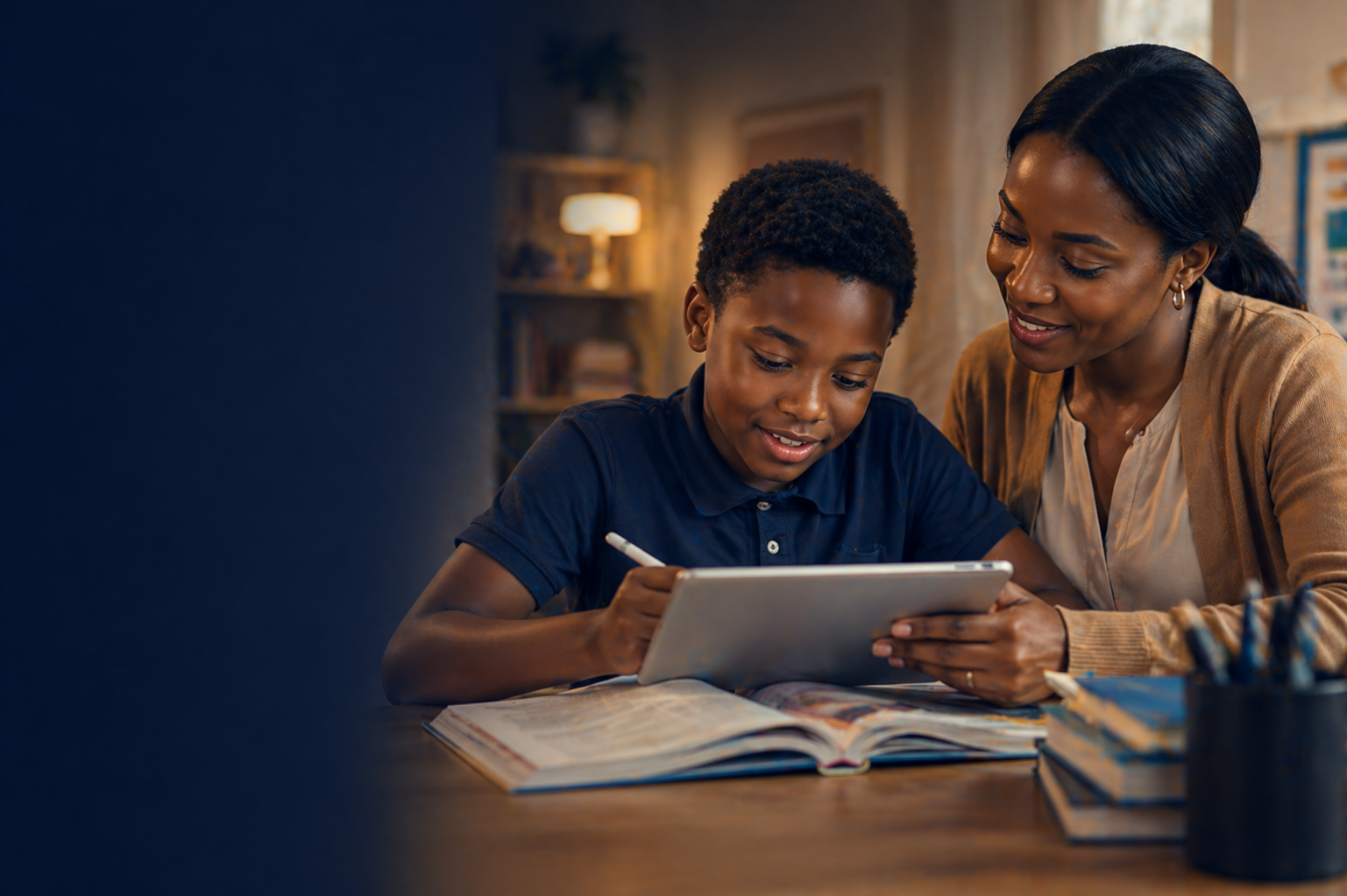 Parent and teacher supporting young learner with tablet and study materials