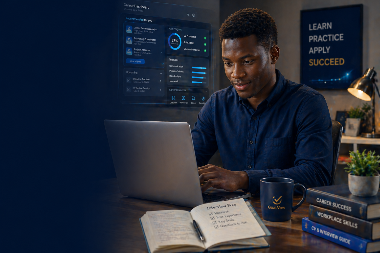 Young job seeker preparing CV and interview with career dashboard