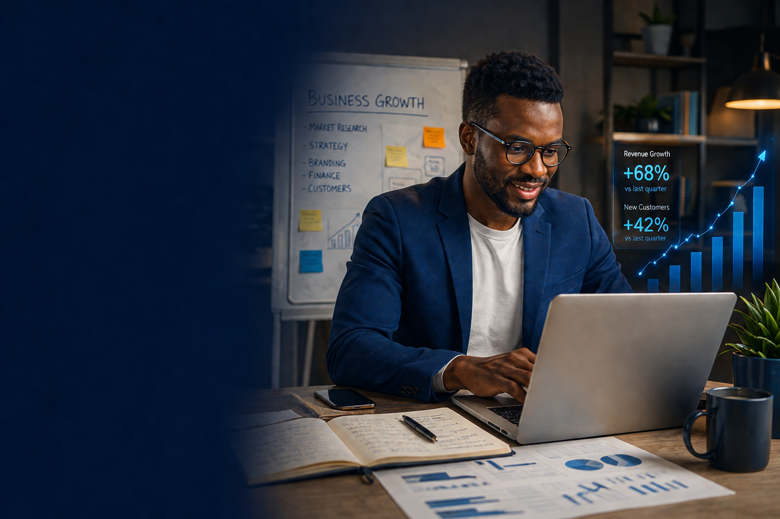 African entrepreneur working on business plan with laptop and digital growth charts