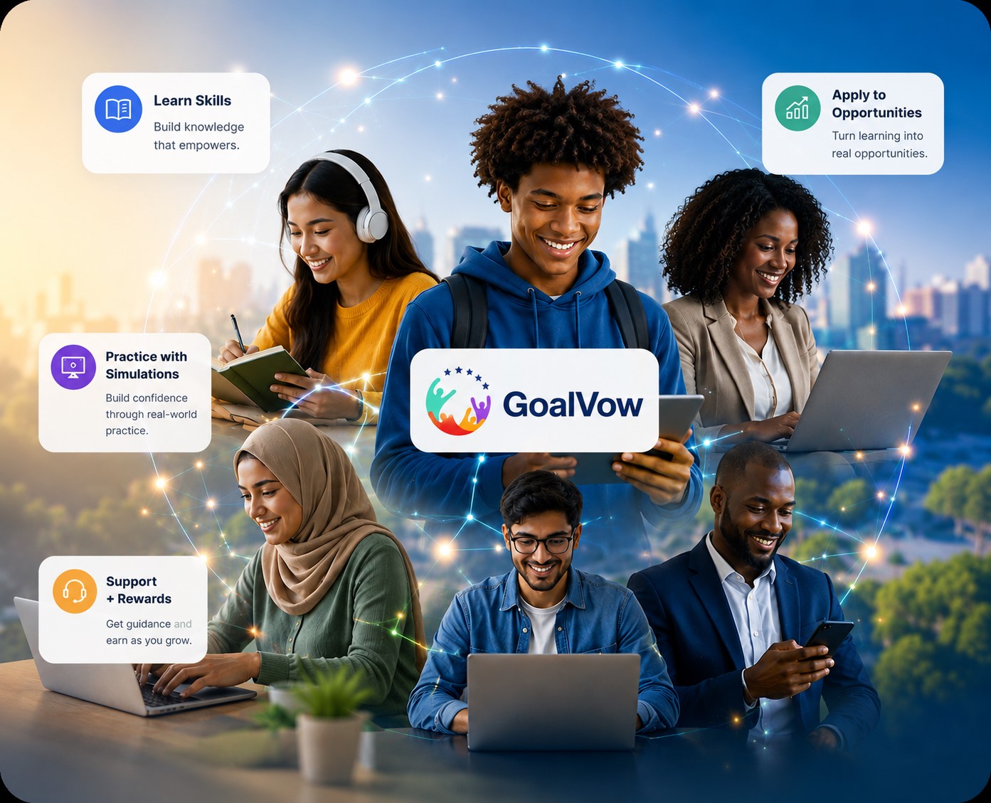 Diverse learners, parents, employers, and entrepreneurs connected through the GoalVow ecosystem